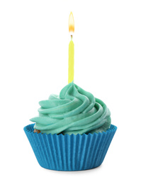 Delicious birthday cupcake with candle and light blue cream isolated on white