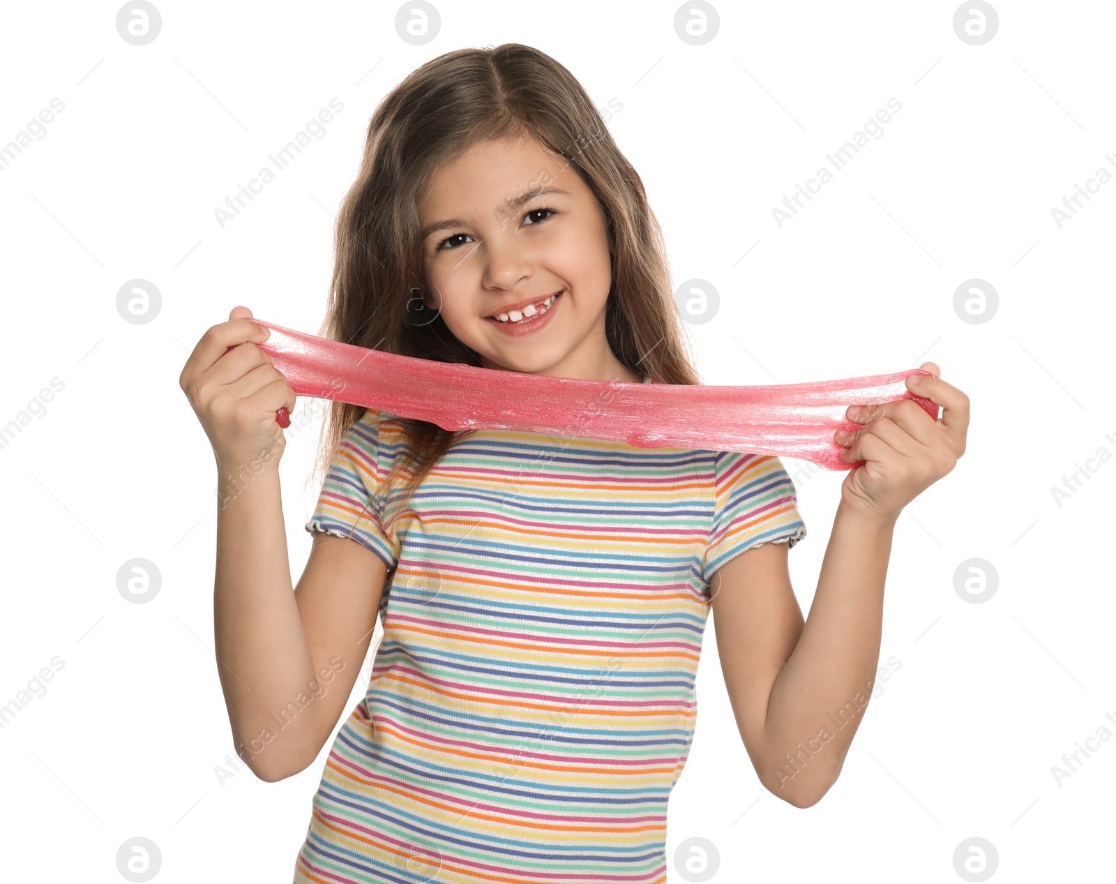 Photo of Little girl with slime on white background