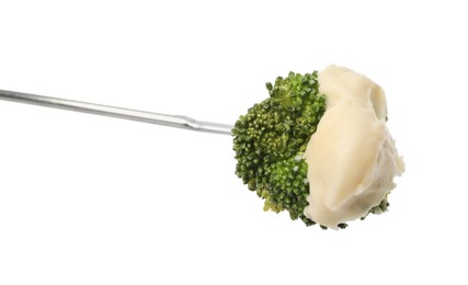 Tasty fondue. Fork with broccoli and melted cheese isolated on white