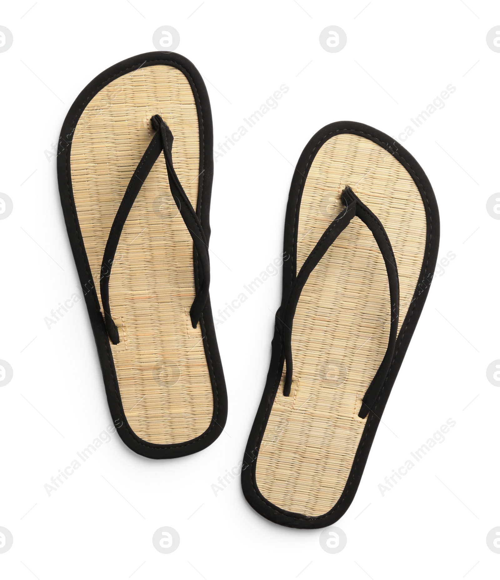 Photo of Pair of stylish flip flops on white background, top view