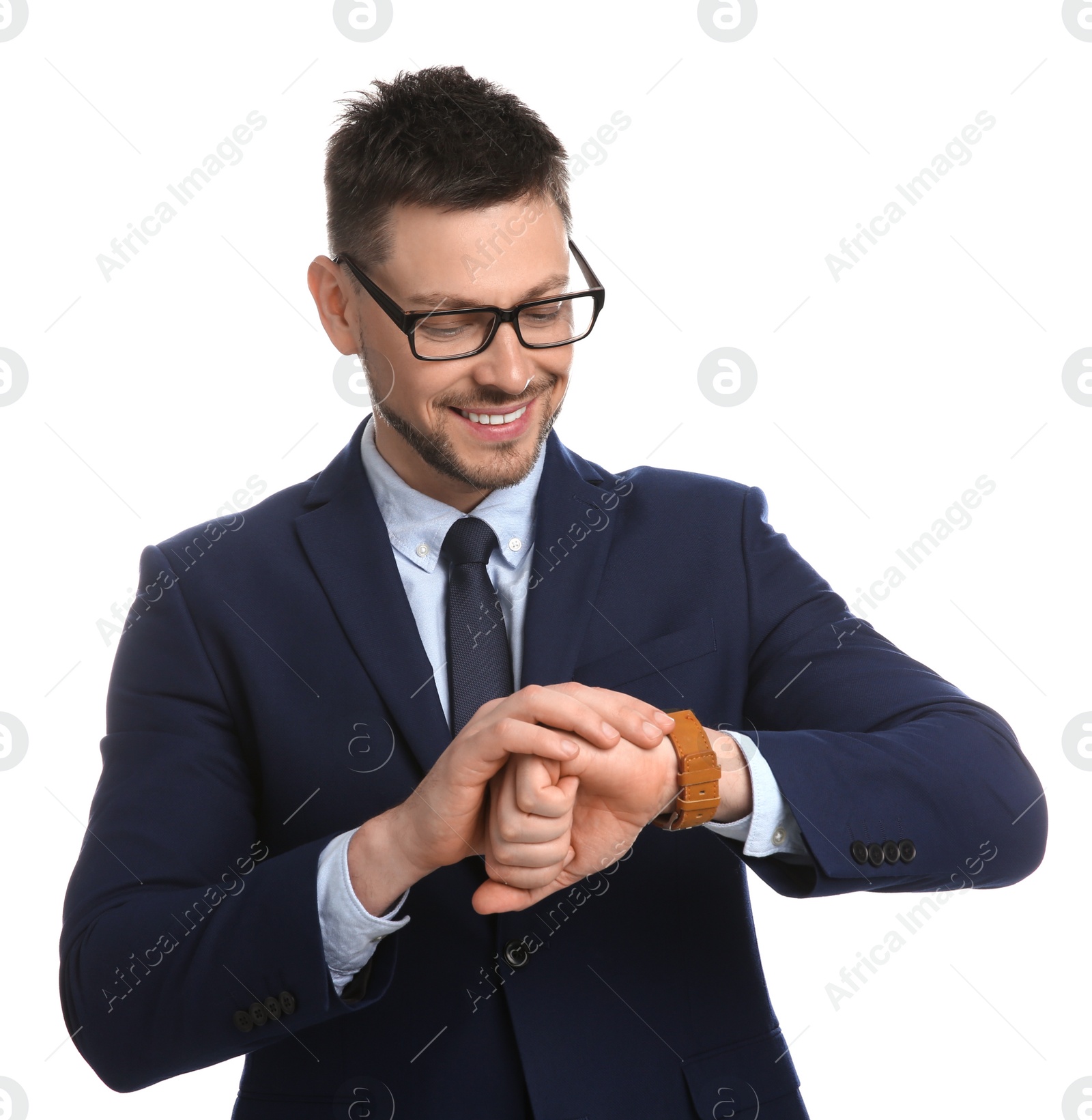 Photo of Happy businessman looking at wristwatch on white background. Time management