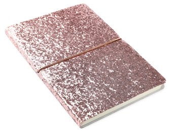 Stylish pink glitter notebook isolated on white