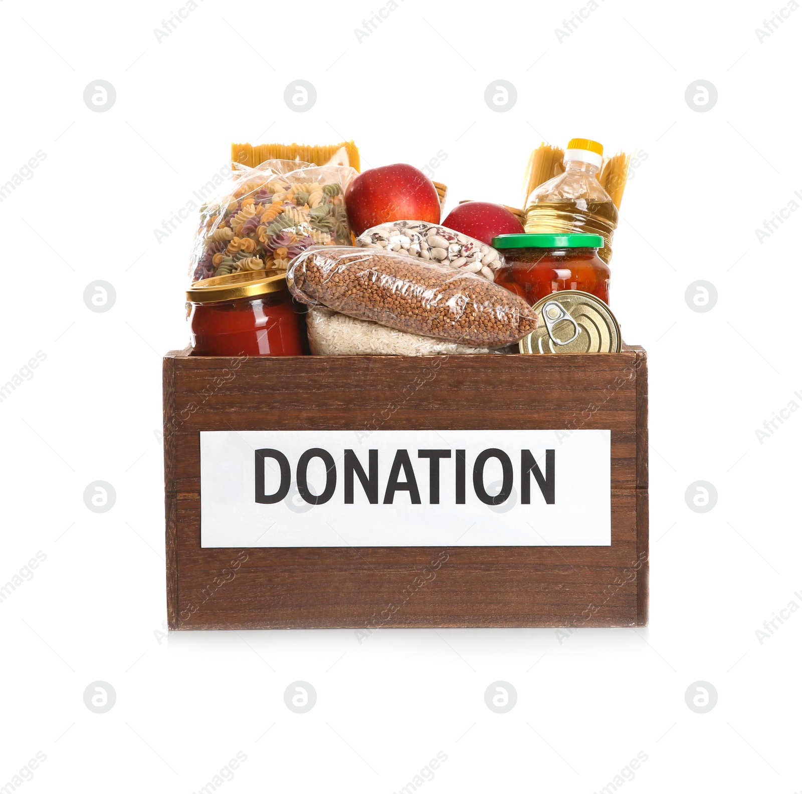 Photo of Donation box full of different products on white background