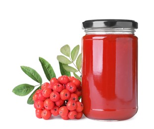 Photo of Delicious rowan jam in glass jar and berries with green leaves on white background