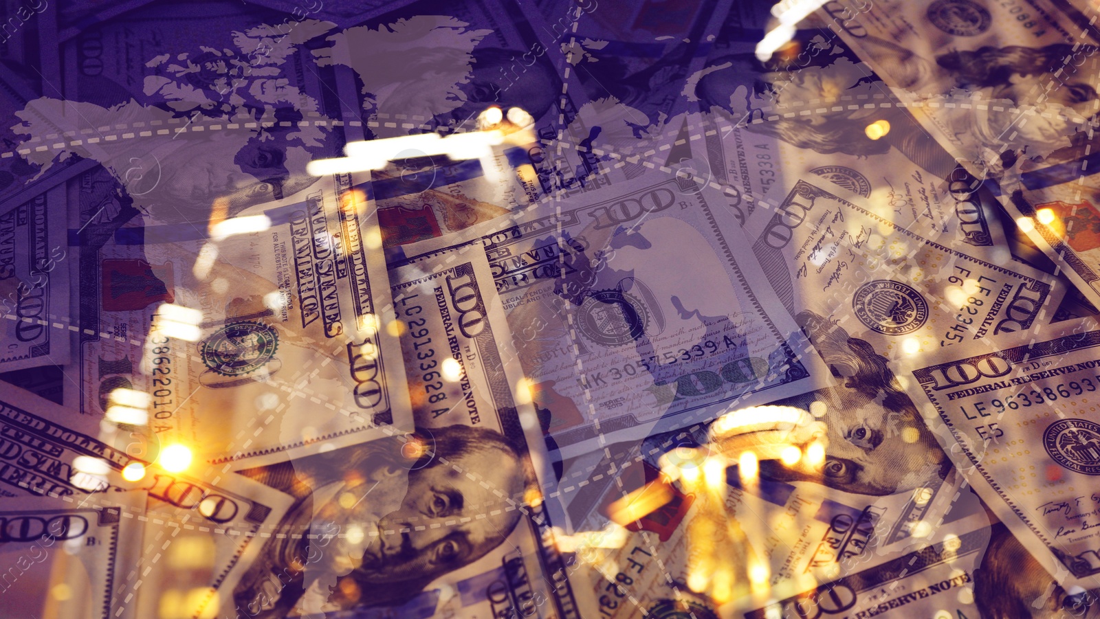 Image of Money exchange. Double exposure with dollar banknotes and night city 