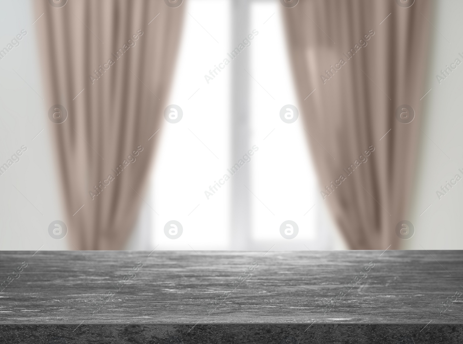 Image of Empty grey stone surface and blurred view of modern window 