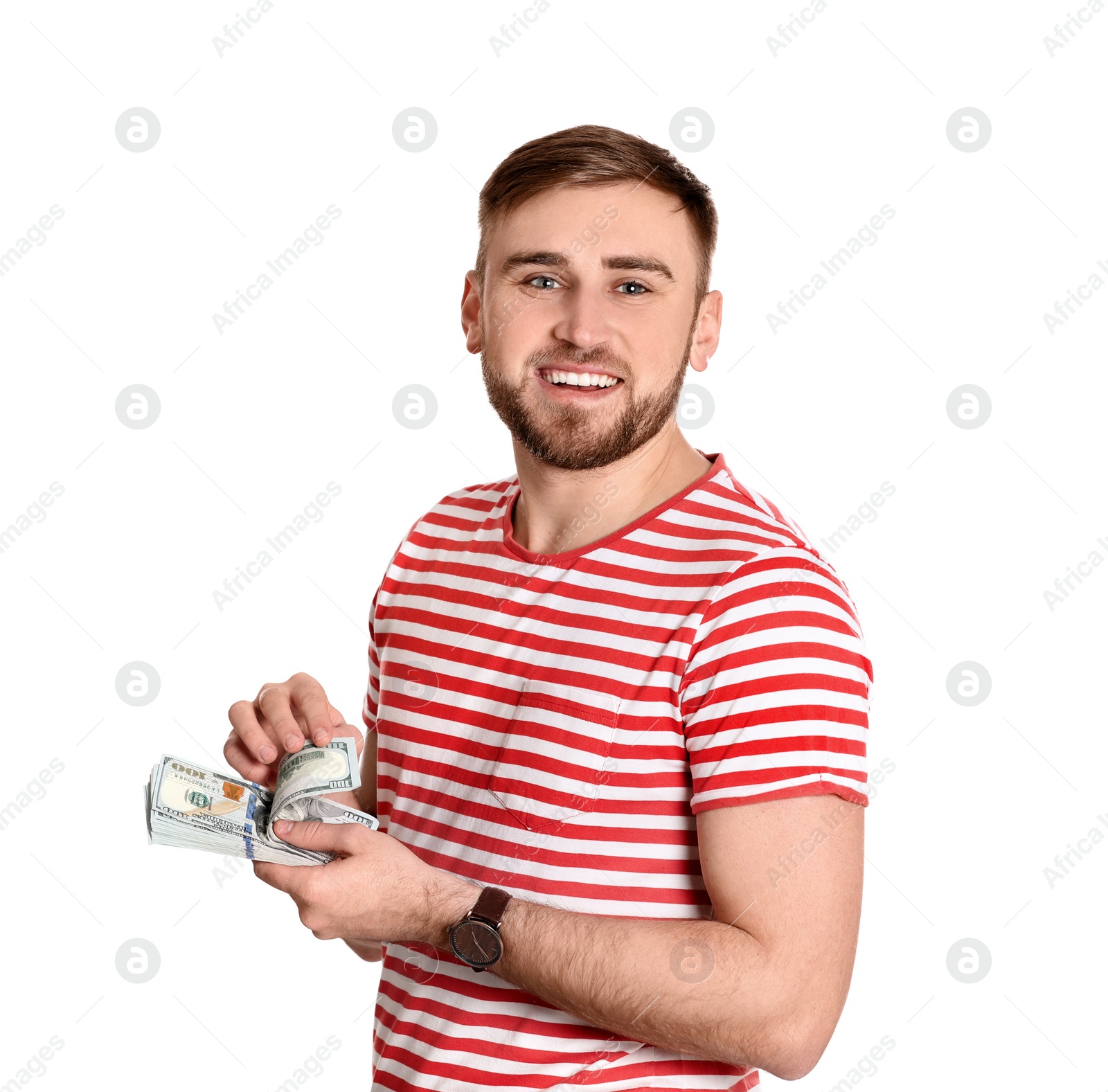 Photo of Portrait of young man counting money banknotes on white background