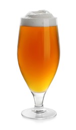 Photo of Glass of tasty light beer on white background