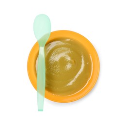 Photo of Delicious baby food in bowl and spoon isolated on white, top view