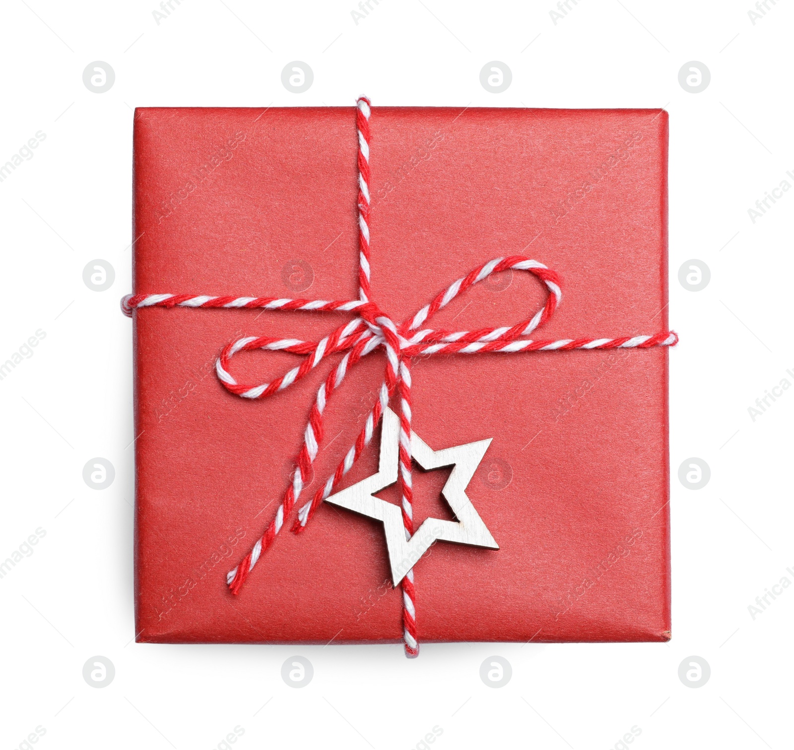 Photo of Christmas gift in decorated box isolated on white, top view