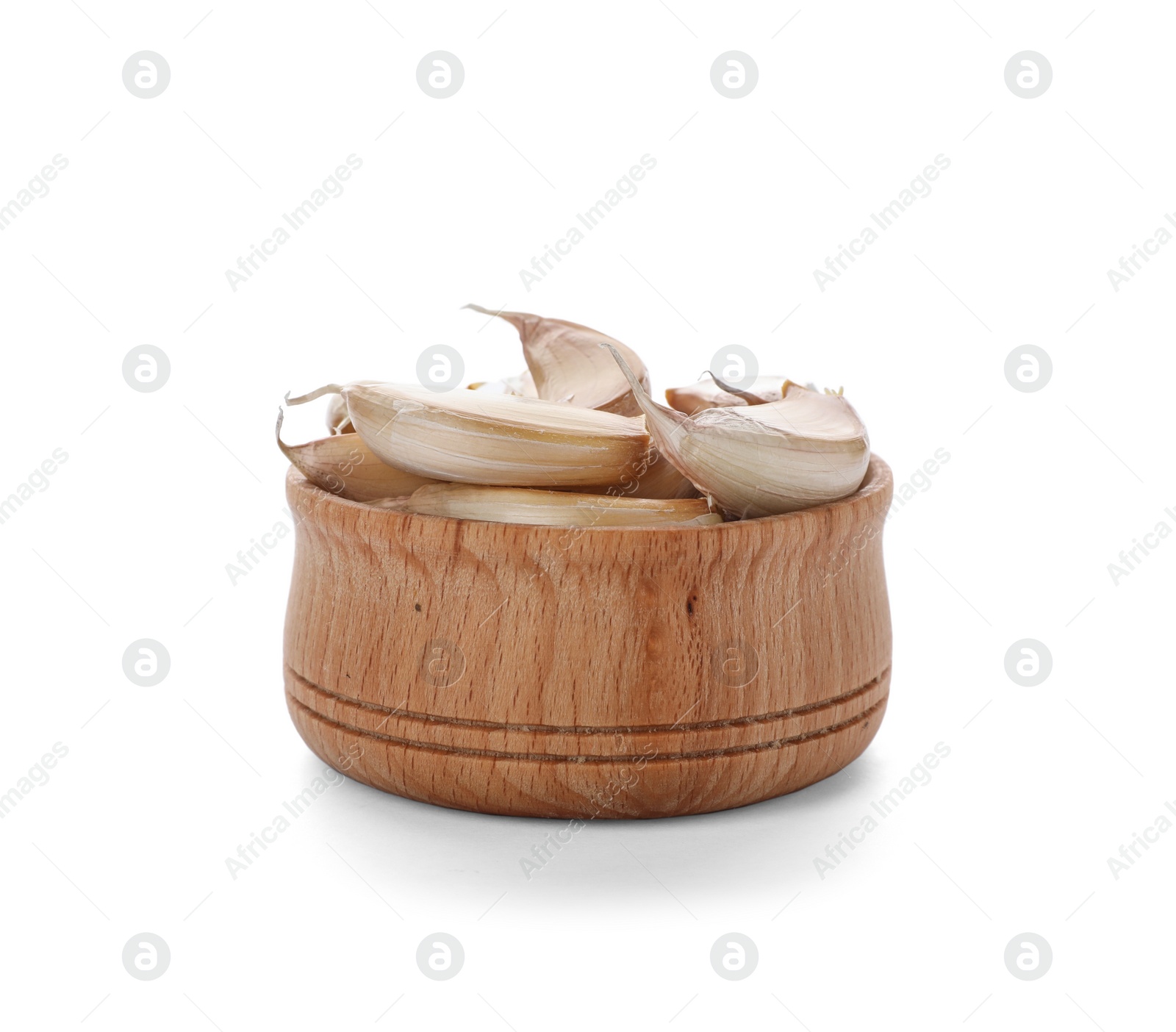 Photo of Small bowl with garlic on white background. Different spices for cooking