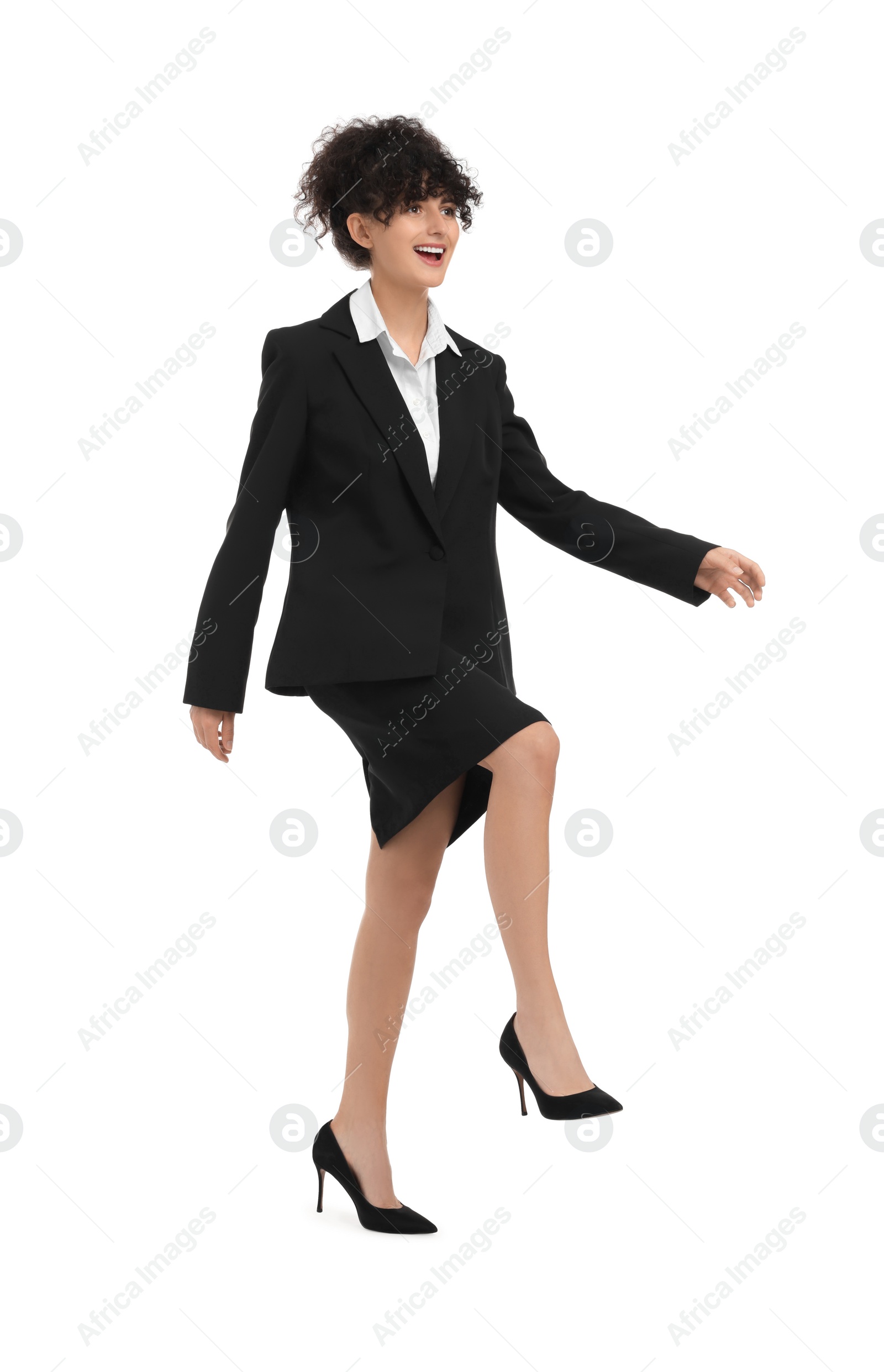 Photo of Beautiful emotional businesswoman posing on white background