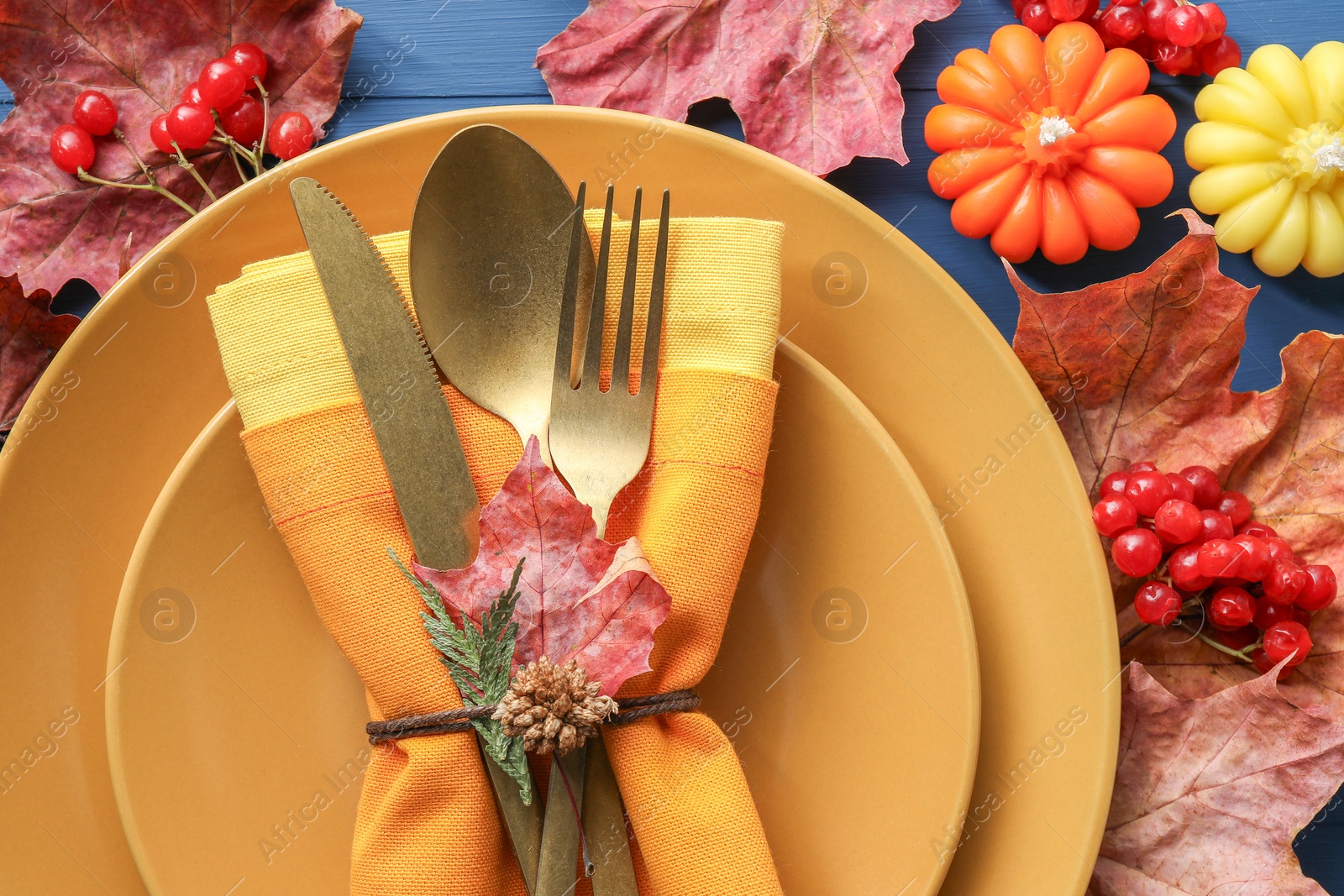 Photo of Thanksgiving day. Beautiful table setting and autumn decoration, flat lay