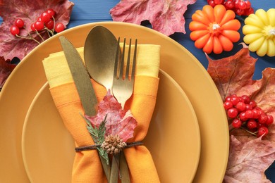 Photo of Thanksgiving day. Beautiful table setting and autumn decoration, flat lay