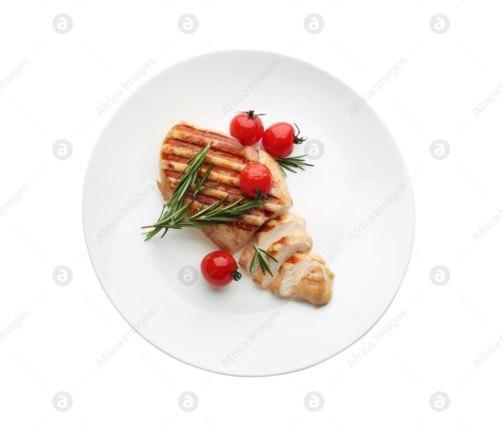 Photo of Tasty grilled chicken fillet with tomatoes and rosemary isolated on white, top view