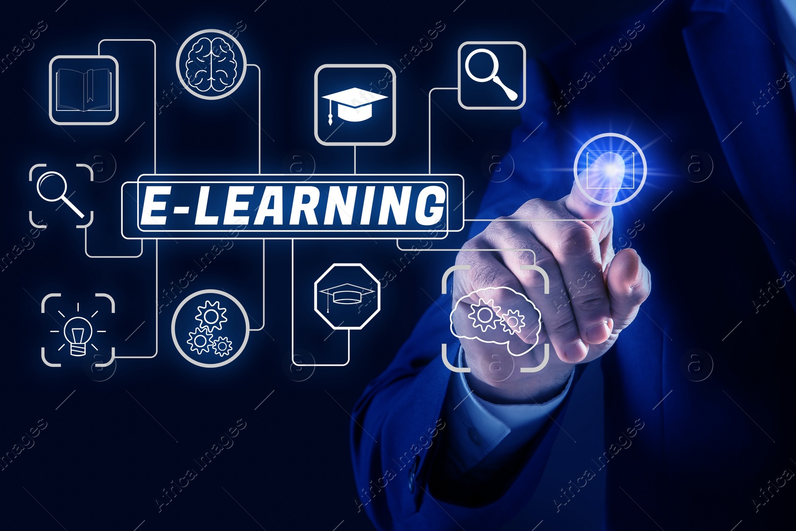 Image of E-learning. Man using virtual scheme with with different icons on dark blue background, closeup