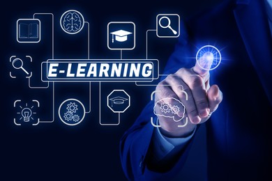 E-learning. Man using virtual scheme with with different icons on dark blue background, closeup