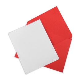 Photo of Red letter envelope and card isolated on white, top view