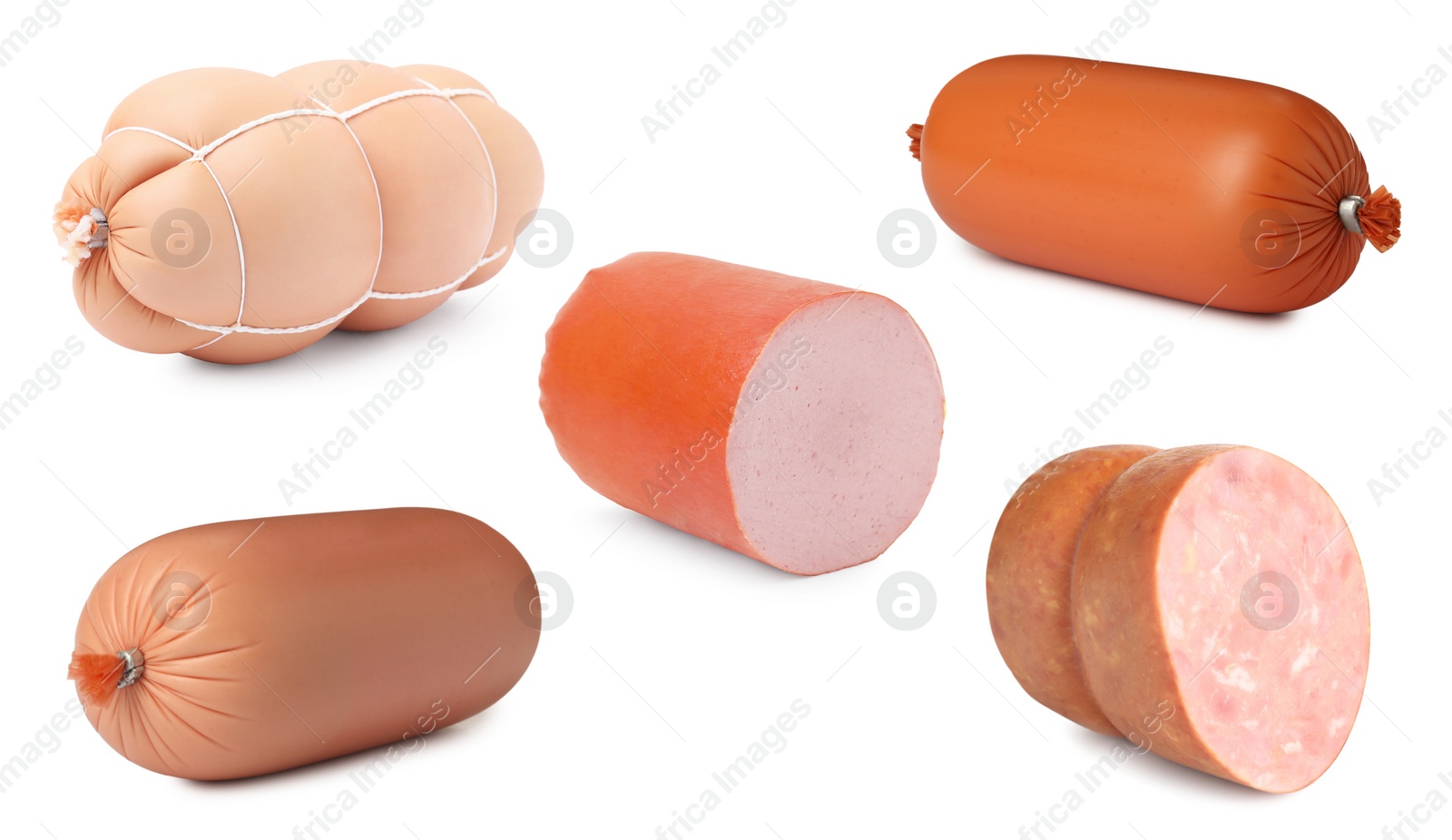 Image of Collage with different delicious sausages on white background