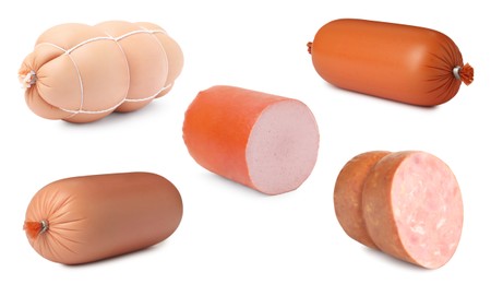 Collage with different delicious sausages on white background