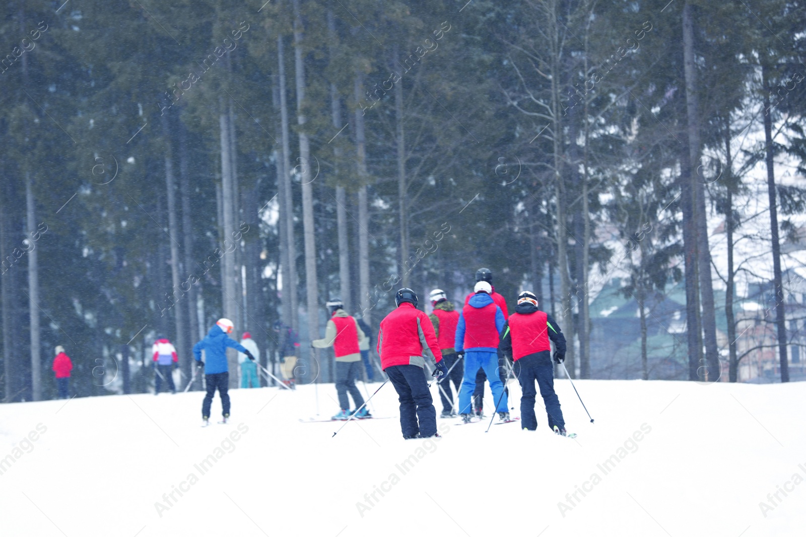 Photo of Skiers on slope at resort. Winter vacation