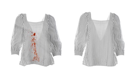 Image of Stylish blouse before and after washing on white background, collage. Dry-cleaning service