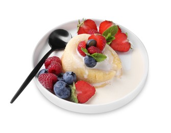 Photo of Delicious vanilla fondant with fresh berries isolated on white