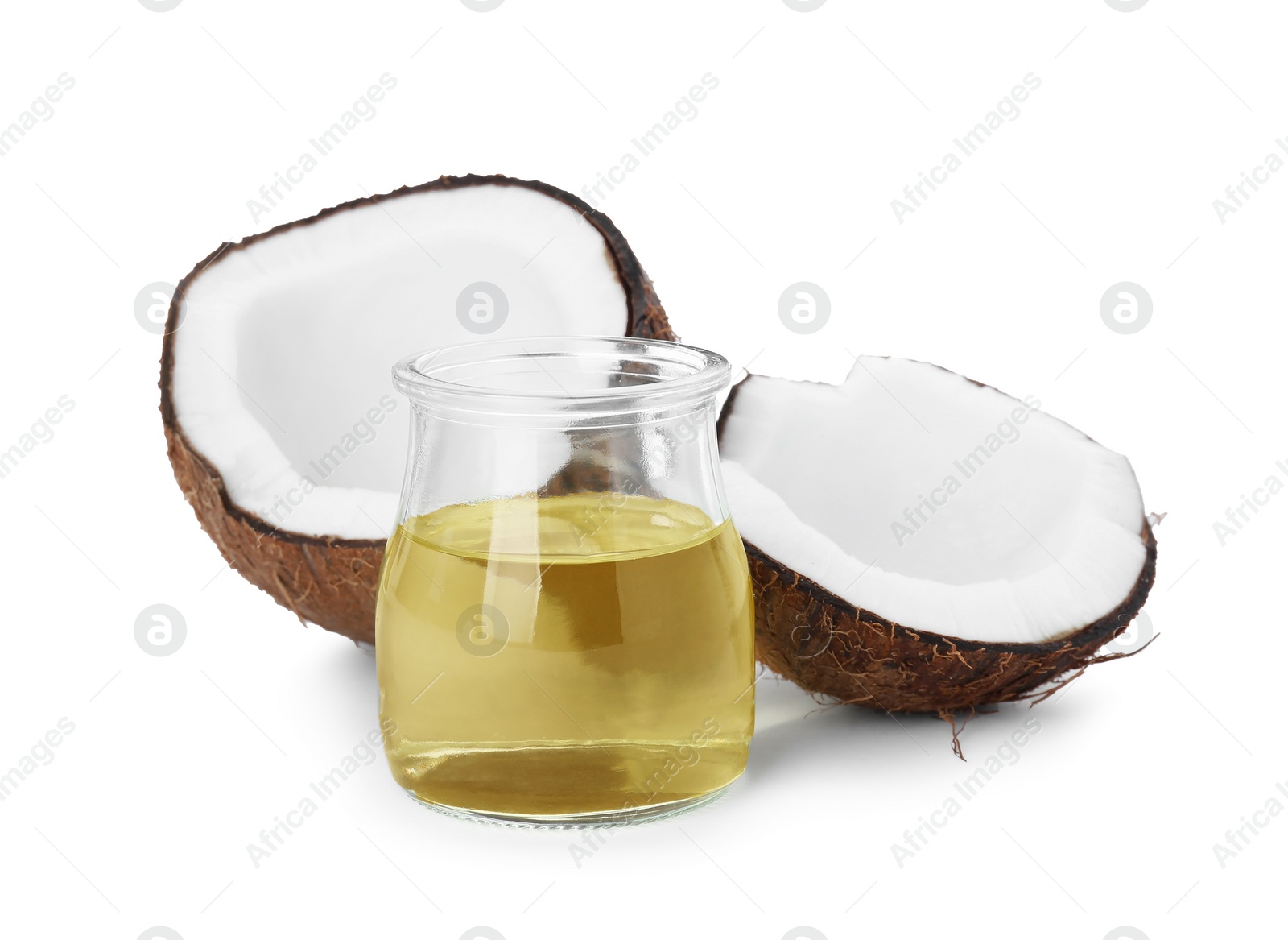 Photo of Organic coconut cooking oil and fresh fruit isolated on white