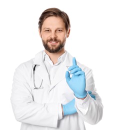 Photo of Doctor or medical assistant (male nurse) in uniform with stethoscope on white background