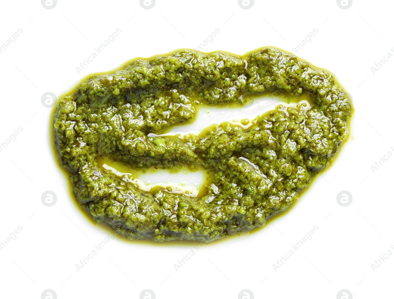 Photo of Sample of tasty pesto sauce isolated on white, top view