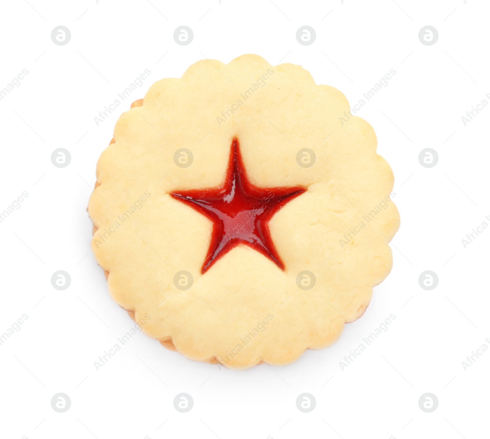 Photo of Traditional Christmas Linzer cookie with sweet jam on white background