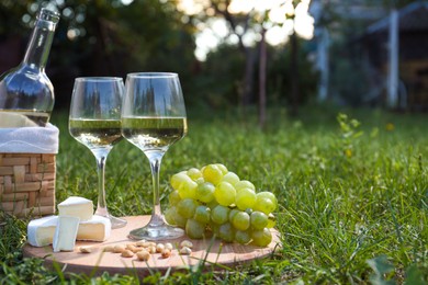 Photo of Delicious white wine, grapes, cheese and nuts on green grass outdoors. Space for text