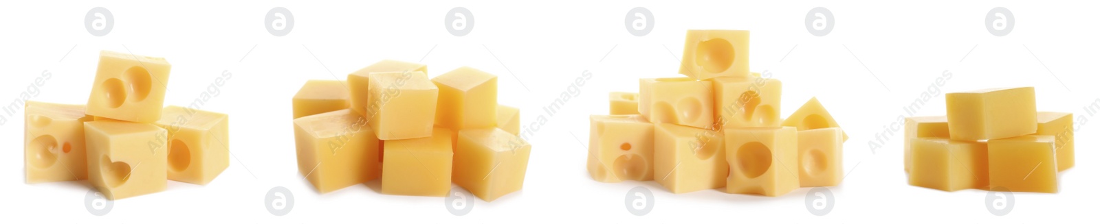 Image of Set of delicious cheese cubes on white background. Banner design