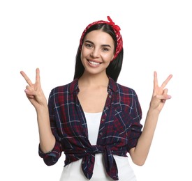 Photo of Fashionable young woman in stylish outfit with bandana on white background