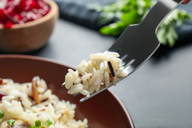 Fork with delicious rice over plate, closeup