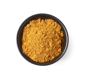 Dry curry powder in bowl isolated on white, top view