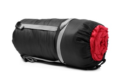 Photo of Sleeping bag in case isolated on white. Tourist equipment