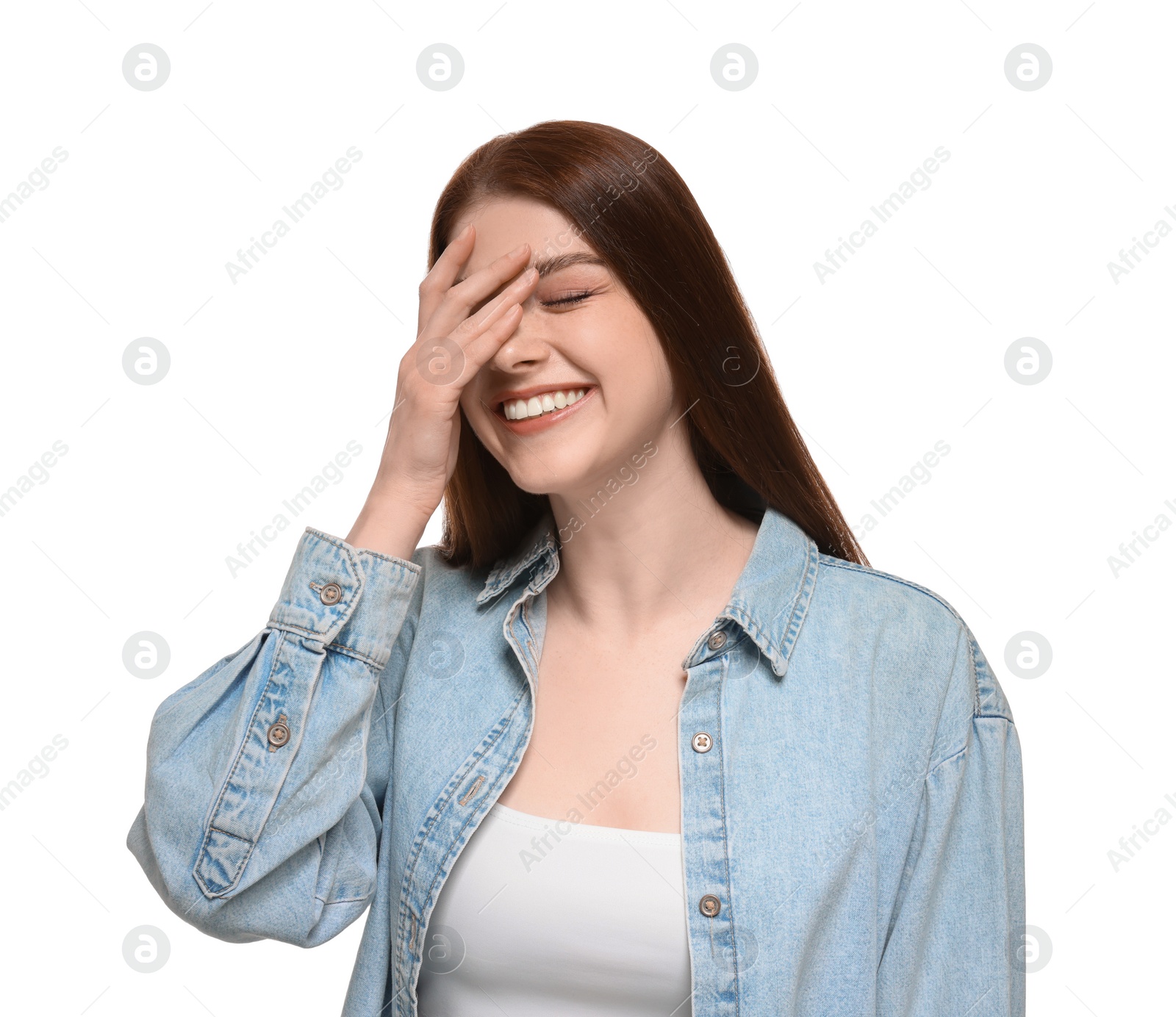 Photo of Portrait of beautiful woman laughing on white background