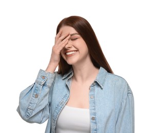 Portrait of beautiful woman laughing on white background