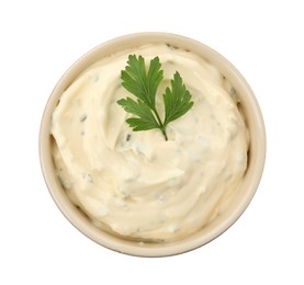 Photo of Tartar sauce in bowl isolated on white, top view
