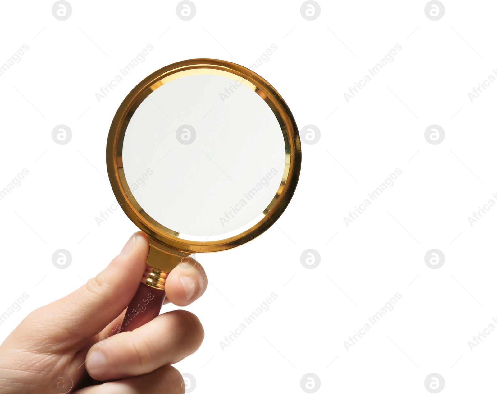 Photo of Woman holding magnifying glass on white background, closeup