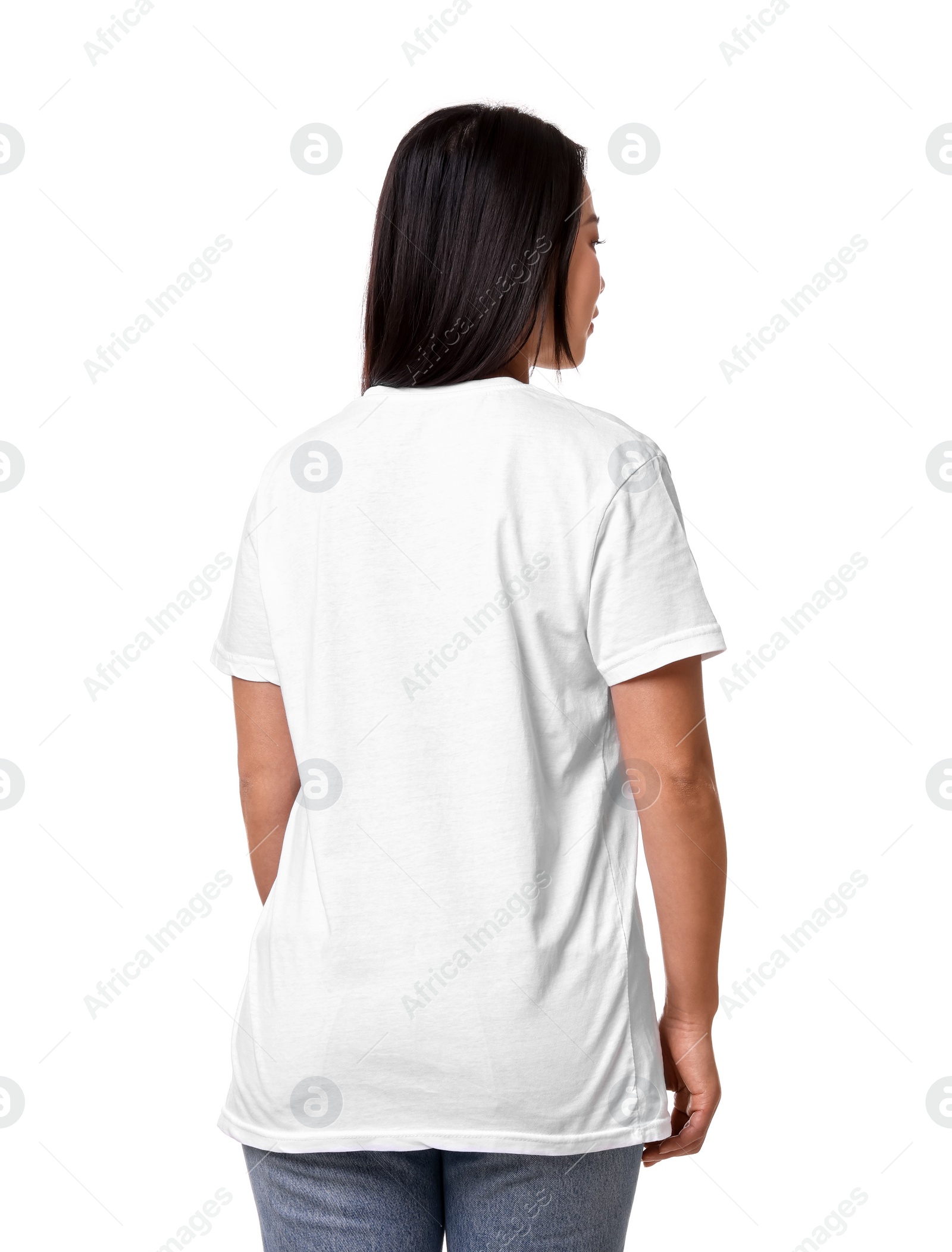 Photo of Woman wearing stylish t-shirt on white background