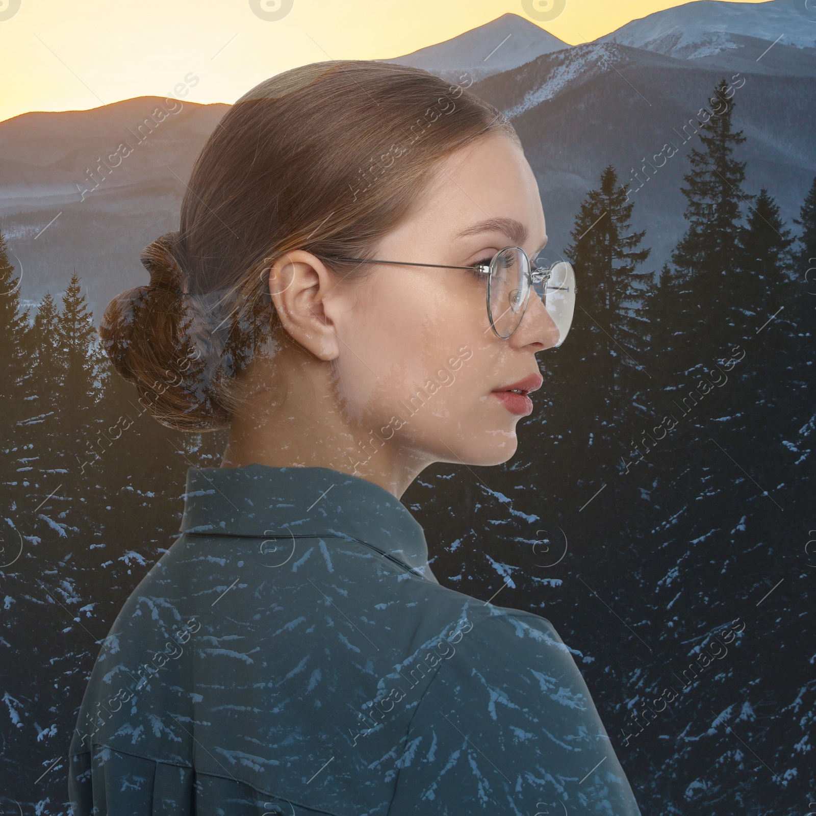 Image of Double exposure of beautiful woman and mountain landscape