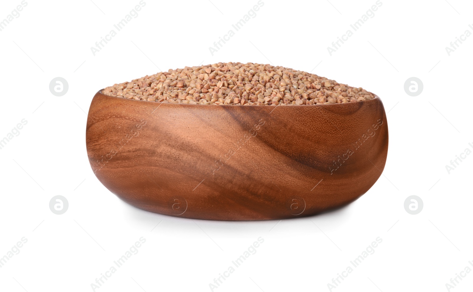 Photo of Buckwheat grains in wooden bowl on white background