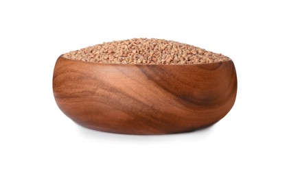 Photo of Buckwheat grains in wooden bowl on white background