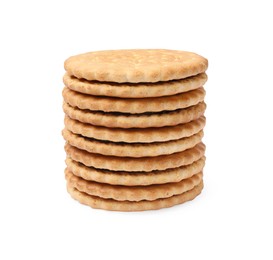 Photo of Stack of tasty sandwich cookies isolated on white