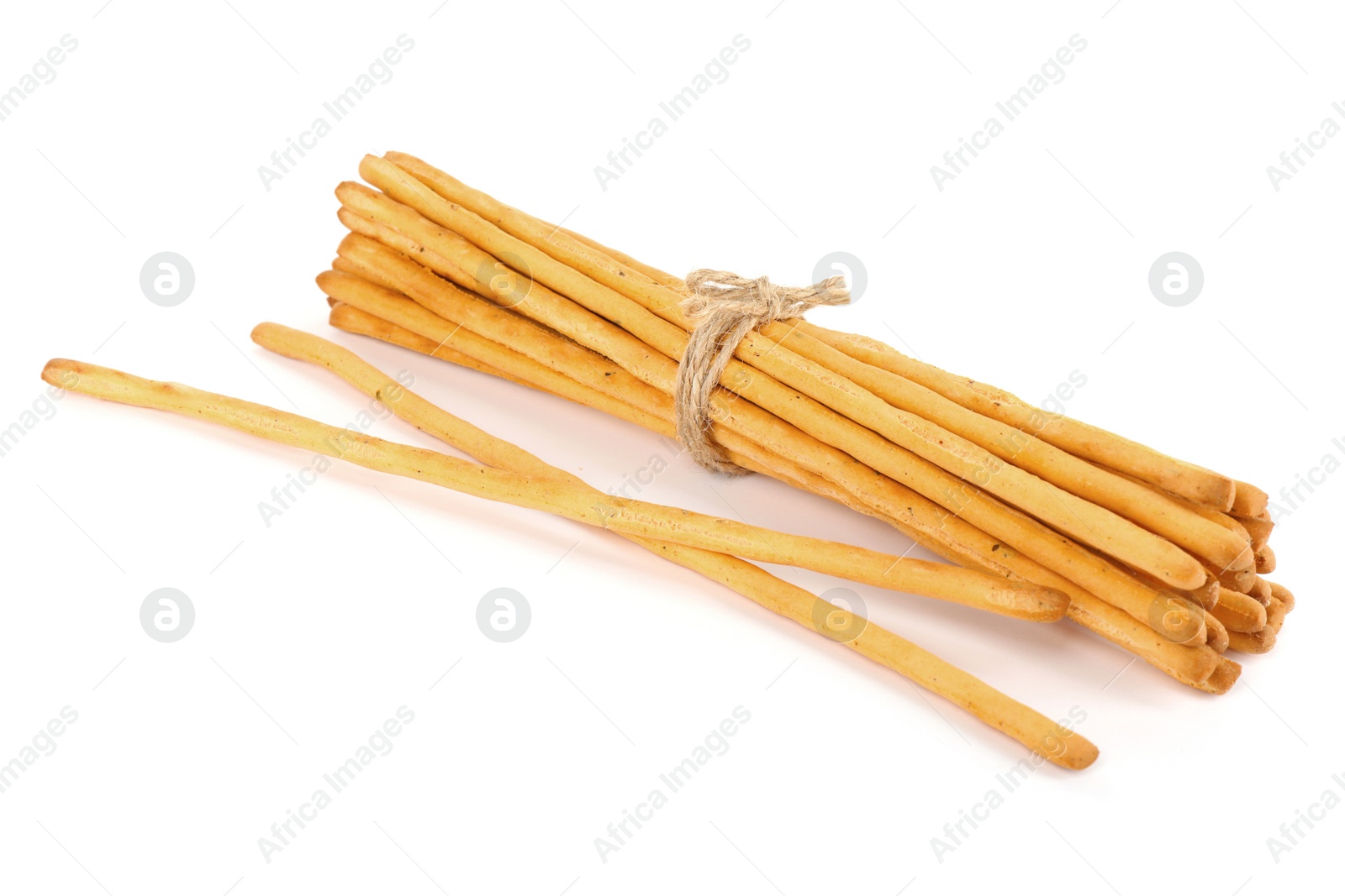 Photo of Fresh delicious grissini sticks on white background