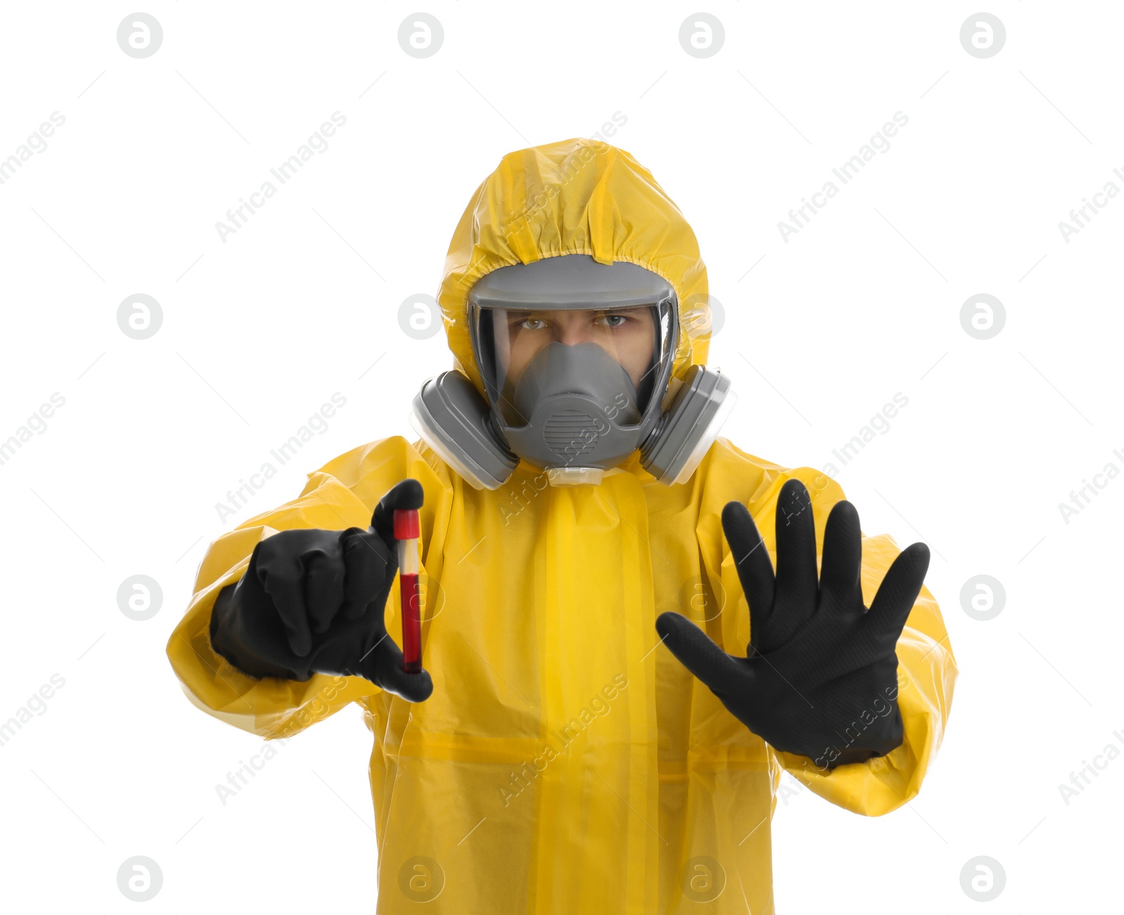 Photo of Man wearing chemical protective suit holding test tube with blood sample on white background. Prevention of virus spread