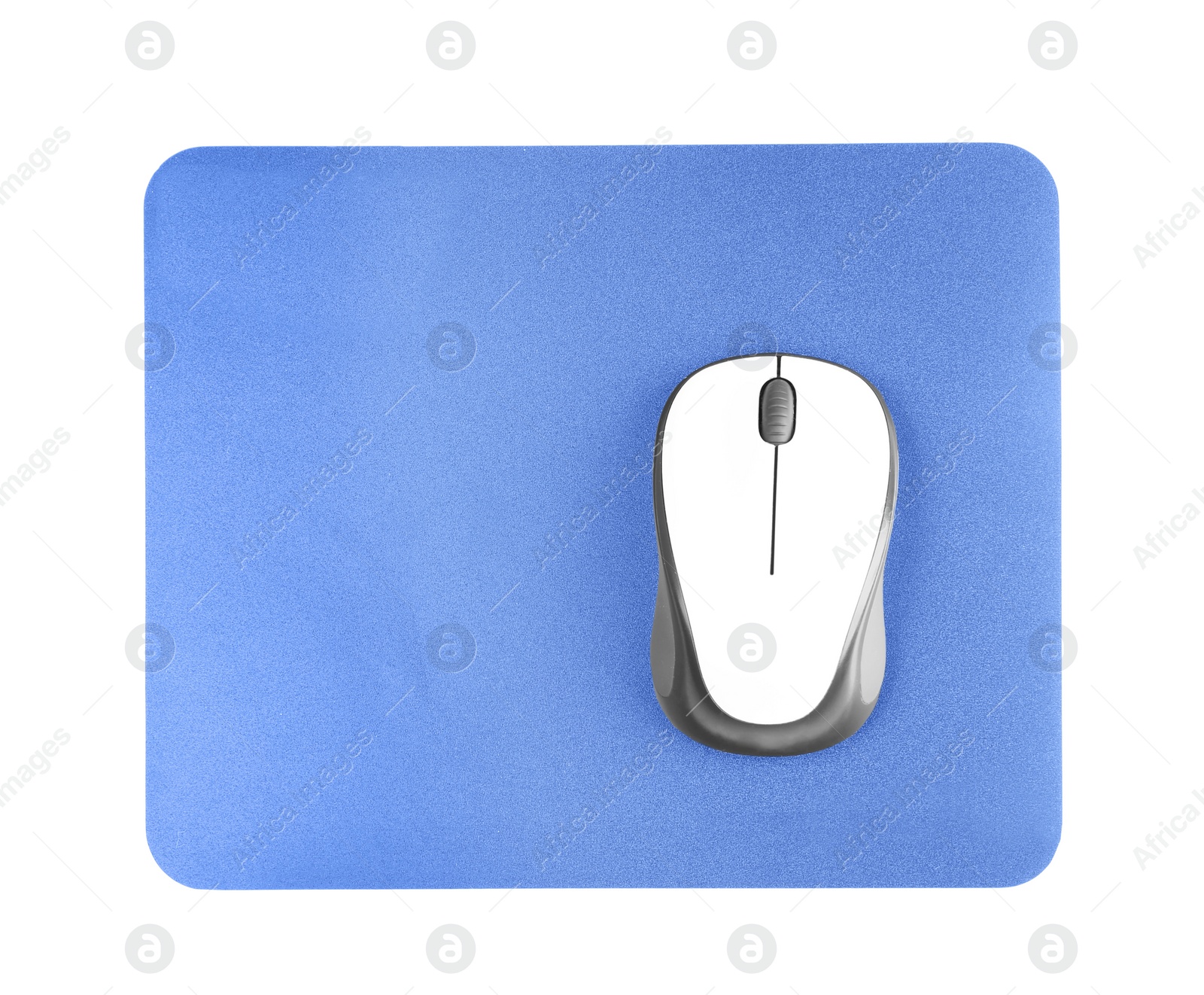 Photo of Blank pad and wireless computer mouse on white background, top view