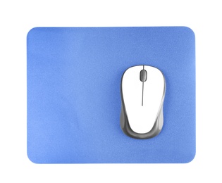 Blank pad and wireless computer mouse on white background, top view